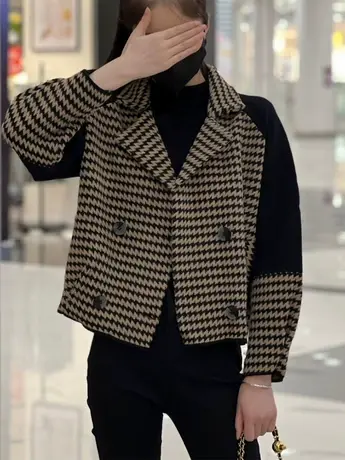 2023秋冬韩版格子短外套双面呢夹克欧货千鸟格拼接撞色复古上衣女商品大图