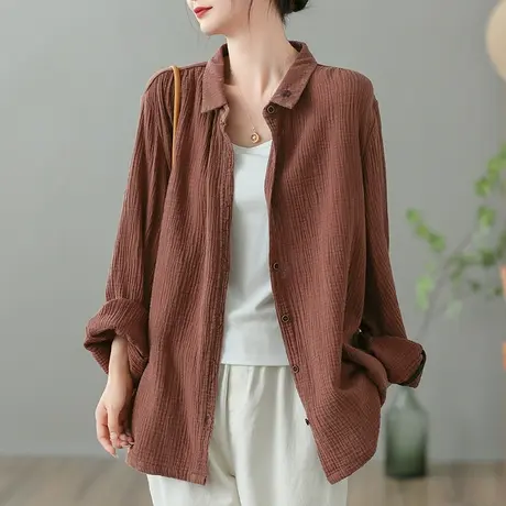 dza 复古亚麻上衣女士翻领长袖衬衫外套春秋新款开衫宽松棉麻衬衣图片