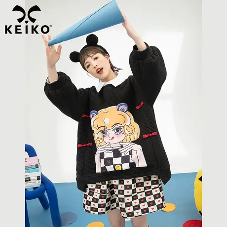 时髦贴布卡通图案黑色卫衣女2022秋季华夫格宽松显瘦泡泡袖上衣潮图片