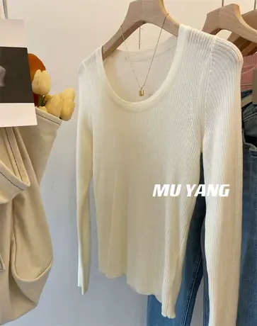 韩国早春纯欲风U领羊毛针织衫女 修身显瘦百搭内搭打底衫T恤上衣商品大图