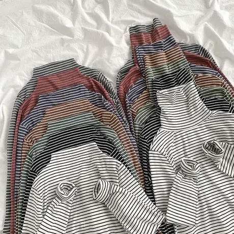 2023年秋冬装新款百搭条纹堆堆高领女加厚加厚洋气上衣内搭打底衫商品大图