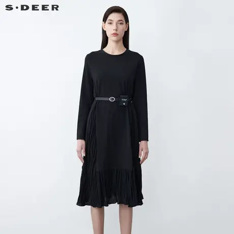 sdeer圣迪奥女装圆领肌理褶皱拼接不规则收腰连衣裙S21461218图片
