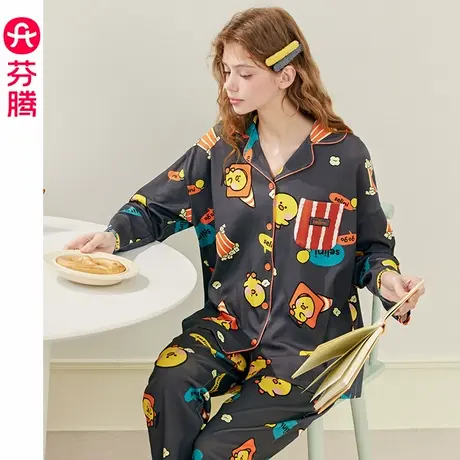 芬腾睡衣女春秋季纯棉长袖开衫套装可爱布朗熊全棉宽松大码家居服商品大图