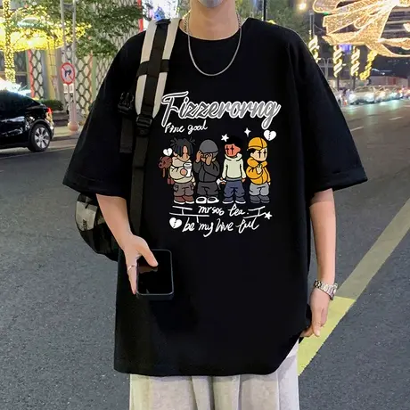 纯棉短袖t恤男夏季新款卡通青少年宽松上衣ins大码美式休闲体恤衫商品大图