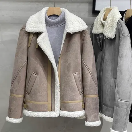 麂皮绒羊羔毛外套男夹克加绒厚冬季皮毛一体大码机车皮衣潮棉衣服图片