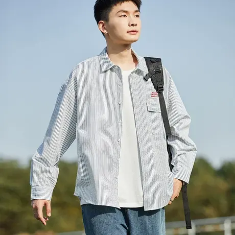 唐狮男长袖条纹衬衫蓝色衬衫春秋季新款撞色刺绣设计感休闲外套图片