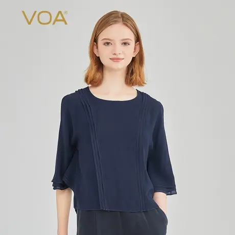 VOA黛蓝色三层乔其纯桑蚕丝圆领连肩短袖弧形摆宽松真丝蝙蝠T恤衫商品大图