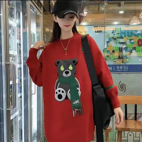 2023春季新款毛衣女冬季加厚卡通小熊宽松慵懒上衣圆领打底针织衫商品大图