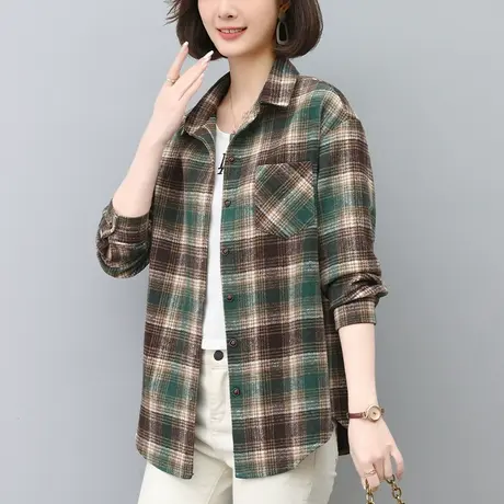 妈妈春秋装格子长袖衬衫女新款加大码中老年宽松衬衣薄开衫外套女商品大图