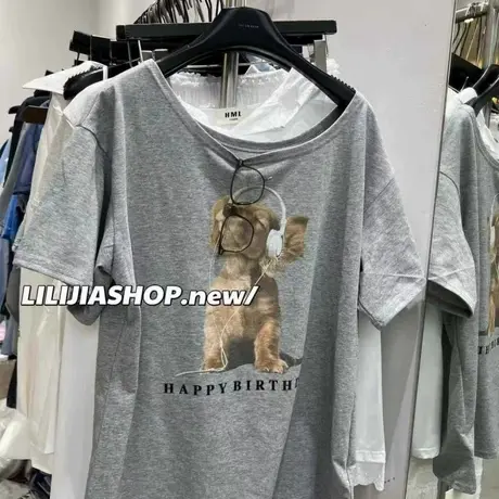 韩国东大门夏季新款时尚百搭显瘦狗狗印花露肩短袖T恤女斜肩上衣图片