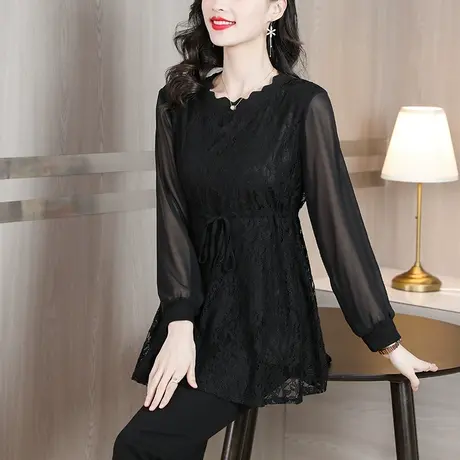 蕾丝打底衫女长袖春秋宽松加肥加大码女装中长款洋气遮肚小衫上衣商品大图
