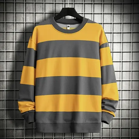重磅卫衣男潮牌条纹撞色圆领长袖t恤无帽秋季上衣服宽松潮流百搭商品大图