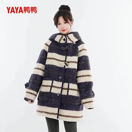 鸭鸭休闲羽绒服女士2024冬季新品时尚休闲条纹连帽中长款薄外套J商品大图