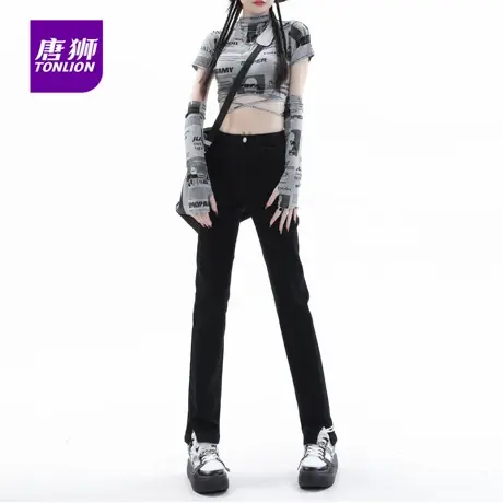 唐狮秋季新款休闲显瘦直筒宽松垂顺纯色高腰阔腿裤牛仔裤女AX图片