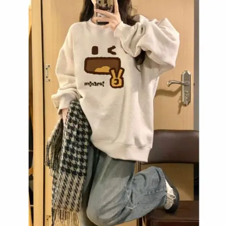 圆领花灰色加绒加厚无帽卫衣女秋冬宽松卡通美式复古潮牌圆领上衣商品大图