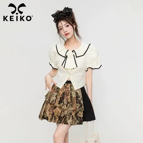 KEIKO 法式扎花娃娃领衬衫女2023夏季甜辣风修身短款泡泡袖上衣商品大图