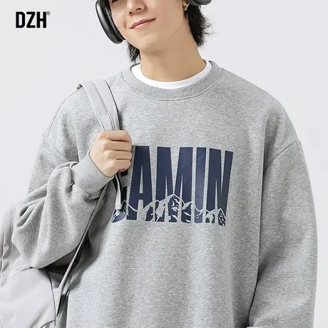 男生灰色重磅卫衣男春秋季宽松圆领上衣2023新款印花长袖t恤打底商品大图