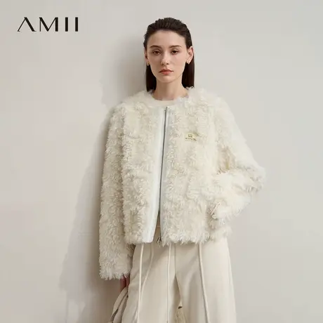Amii2025冬新款极简圆领宽松短款拉链环保羊羔毛皮草皮毛一体外套图片