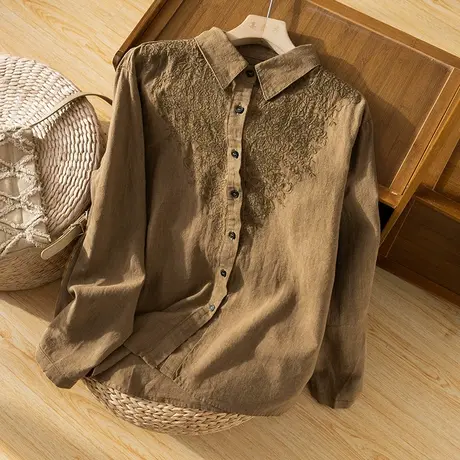 享永子【刺绣艺术】春秋厚麻 刺绣亚麻衬衫设计感精致麻料上衣商品大图