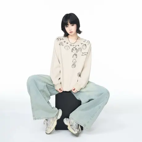YEP2025秋季新款创意印花圆领卫衣女oversize宽松设计感套头上衣商品大图