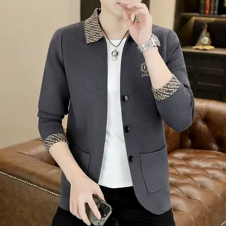 春秋季男士夹克韩版高级感痞帅针织开衫毛衣外套休闲时尚翻领上衣商品大图