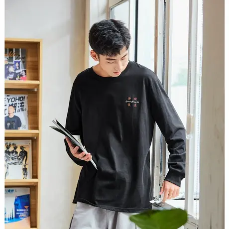 唐狮蛇年新款长袖T恤男圆领宽松休闲上衣纯棉白色内搭打底衫t潮TE图片