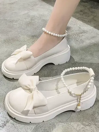 法式玛丽珍鞋女2023年新款春季珍珠蝴蝶结白色配裙子单鞋jk小皮鞋商品大图