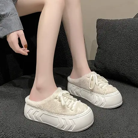 毛毛拖鞋女外穿2023新款超火小白鞋女厚底松糕鞋秋冬季包头半拖鞋商品大图