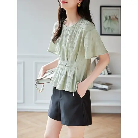 宝诗黎圆领收腰休闲雪纺衫女2023夏季新款韩系简约纯色短款小衫潮商品大图
