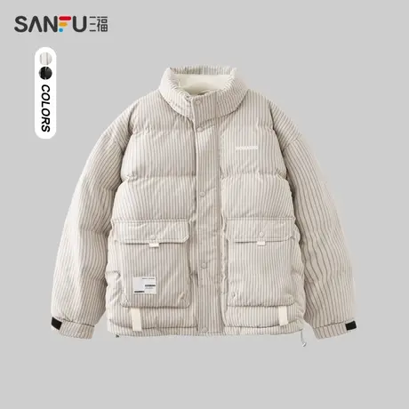 三福2023冬男士织带装饰竖条纹短棉衣 保暖宽松立领外套472957商品大图