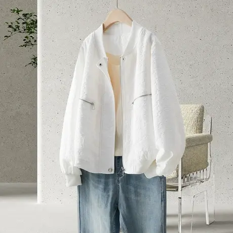 时尚休闲显瘦外套2023年春季新款女士简约宽松圆领拉链通勤上衣图片