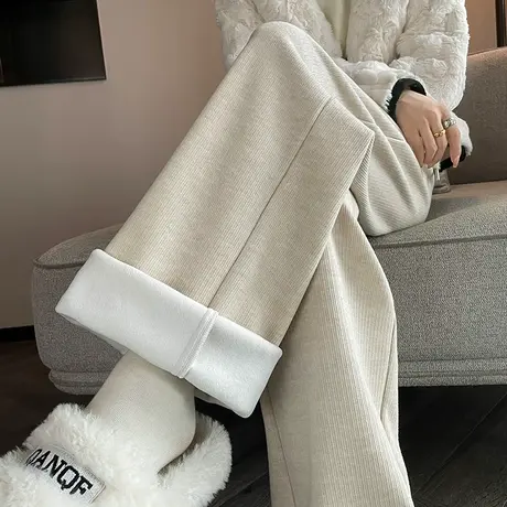 米白色羊绒阔腿裤女秋冬季杏色高腰直筒休闲垂感加绒窄版糯米裤子图片