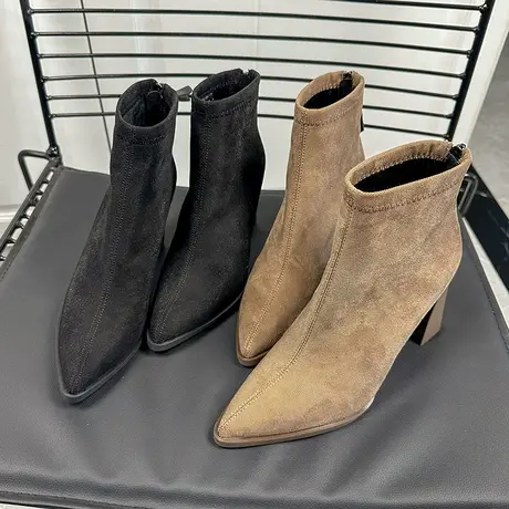 法式粗跟短靴女2023年新款冬季加绒显瘦马丁靴及踝裸靴高跟瘦瘦靴图片