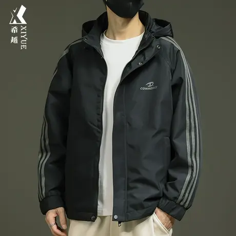 希越运动风男士棉衣夹克秋冬季户外加棉冲锋衣宽松大码连帽外套商品大图