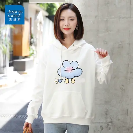 真维斯卫衣女可爱云朵印花纯棉2023新款舒适学生简约通勤套头帽衫商品大图