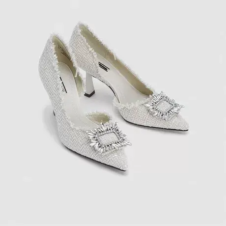 2023新款高跟鞋小香风女士粗花呢水钻单鞋高跟鞋细跟尖头伴娘鞋图片