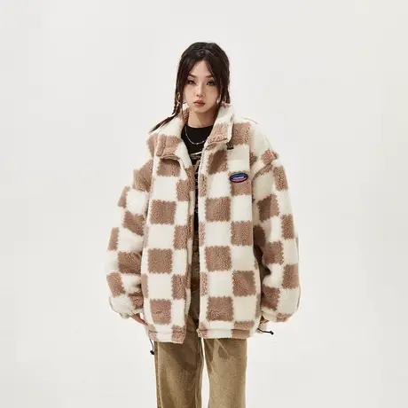 美式潮牌棋盘格棉服女冬季加厚羊羔毛外套2023年新款复古宽松棉衣商品大图