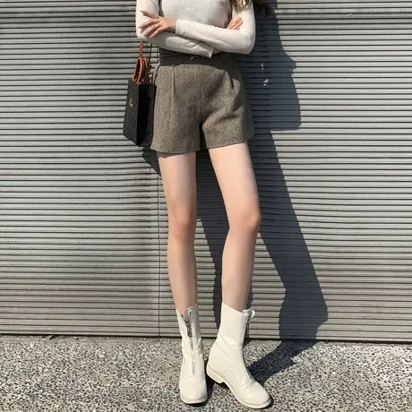 唐狮百搭毛呢短裤女士冬显瘦西裤休闲中短裤子时尚韩版商品大图
