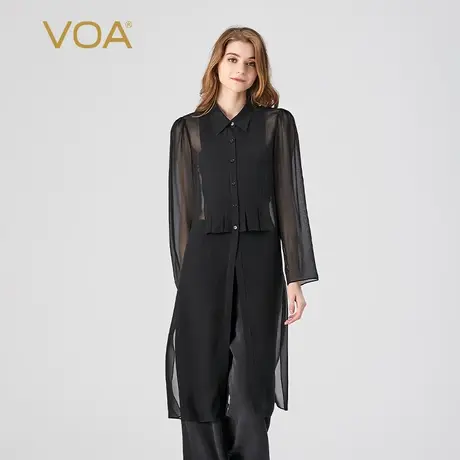 VOA桑蚕丝乔其纱黑色POLO领长袖单排扣褶皱装饰中长款真丝外套女商品大图
