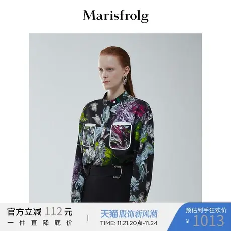 【真丝轻工艺】玛丝菲尔冬季新款黑色花稿印花设计感真丝衬衫商品大图