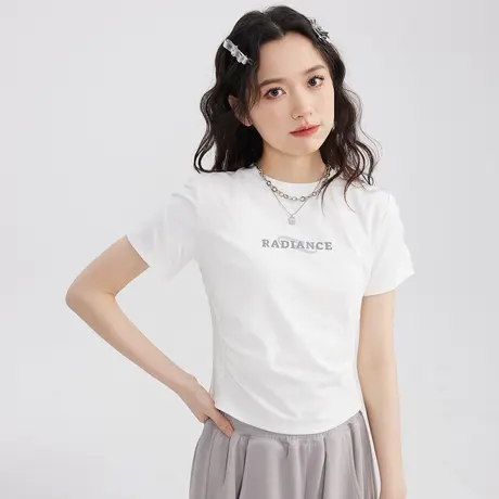 尔给修身别致短款绝美上衣女夏小个子设计感小众字母印花短袖T恤商品大图