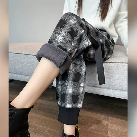 束脚格子工装裤女冬季新款高腰显瘦直筒加绒加厚运动哈伦休闲裤子商品大图