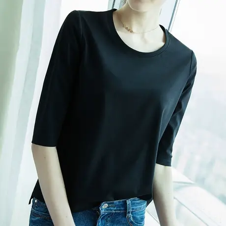 雀后秋装纯色七分袖T恤女士宽松圆领T桖上衣学生打底衫白色体恤商品大图