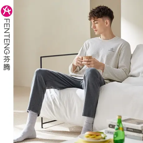芬腾情侣睡衣女纯棉春秋纯色简约休闲大码青年男士全棉家居服套装商品大图