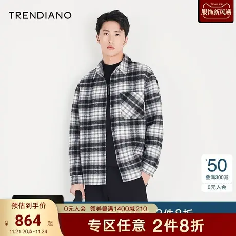 TRENDIANO官方男装冬季新款羊毛短款格子毛呢大衣外套男潮牌图片