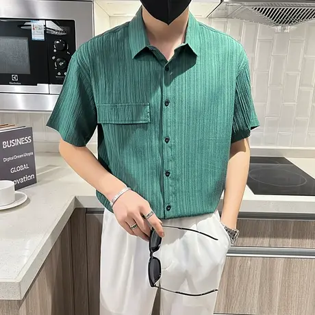 夏季男士衬衫短袖修身中袖潮流休闲条纹发型师潮牌时尚个性衬衣商品大图