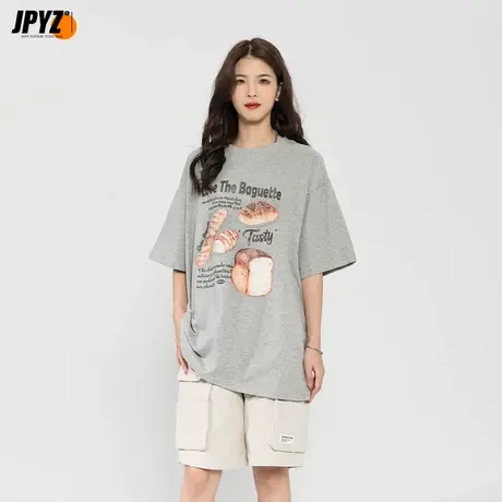 可爱面包印花休闲短袖男夏季潮牌情侣装t恤纯棉宽松五分打底体恤商品大图
