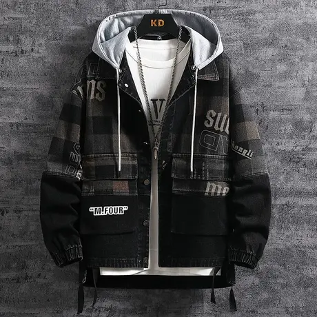 春秋季连帽牛仔上衣潮2023新款青少年痞帅休闲夹克工装外套男加绒商品大图