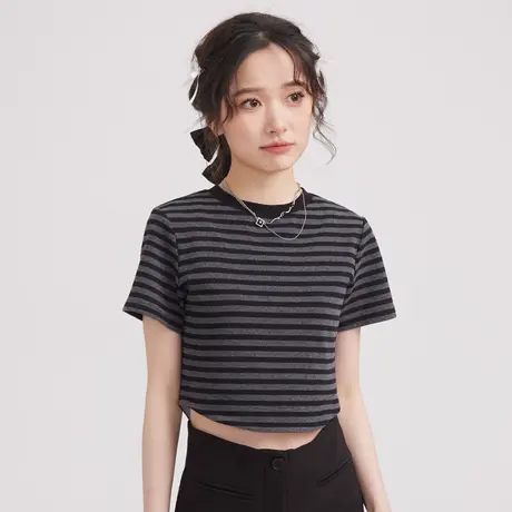 又甜又辣上衣修身显瘦日系奶甜条纹针织短款短袖t恤女夏2023新款图片