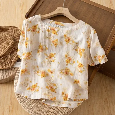 享永子短袖碎花苎麻上衣女文艺复古棉麻小衫宽松气质2024夏季新款商品大图